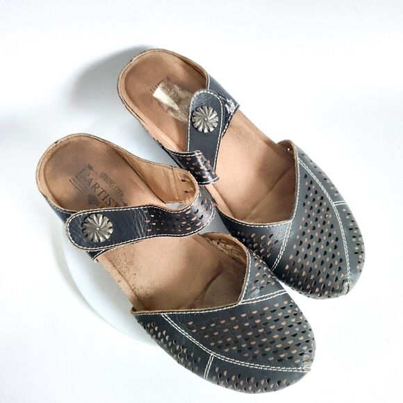 L'Artiste Clogs Mary Janes Size 8.5 / 39 Perforated Black Slip On Leather Boho - Picture 8 of 11